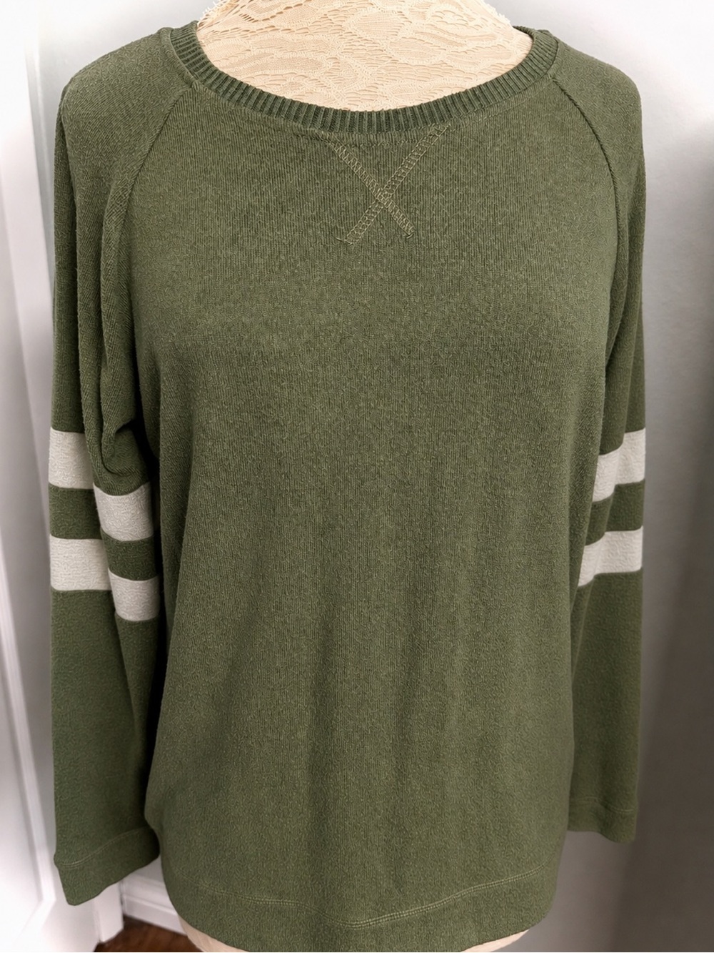 Olive Green Crewneck Sweater with White Sleeve Stripes